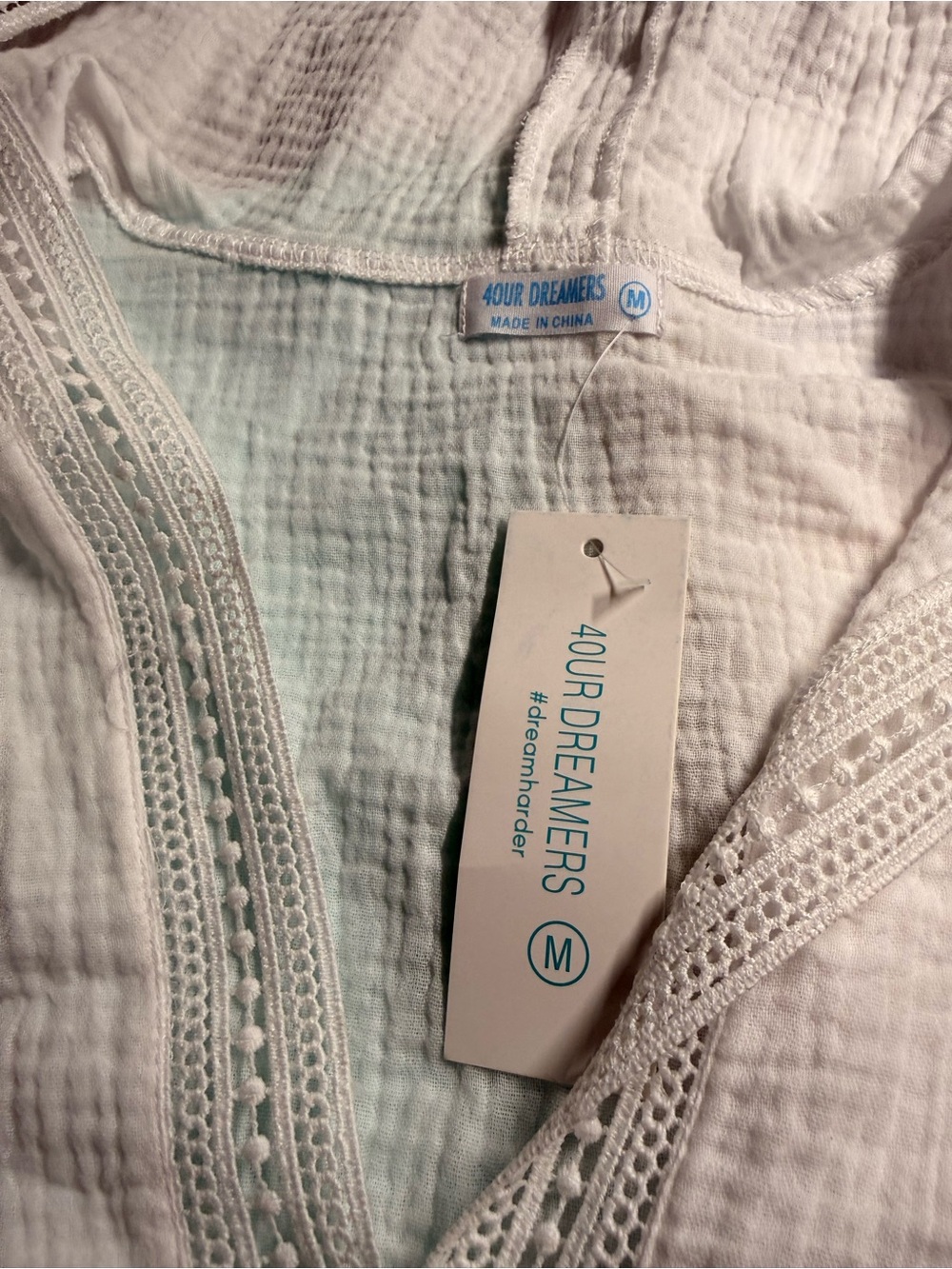 4Our Dreamers White Cotton Gauze Hooded Tunic Beach Resort CoverUp Hoodie New M - Picture 6 of 7